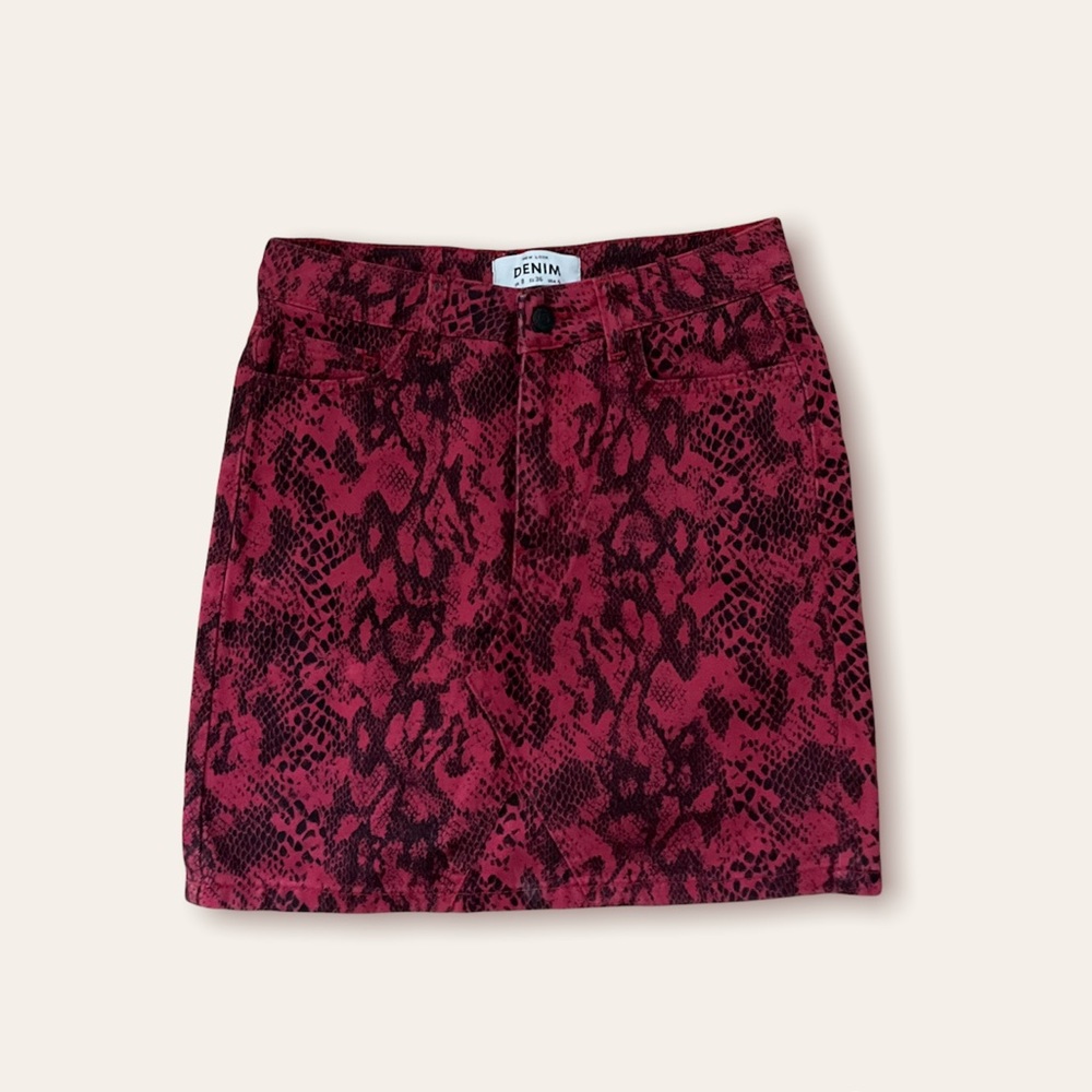 Red snake skin denim skirt